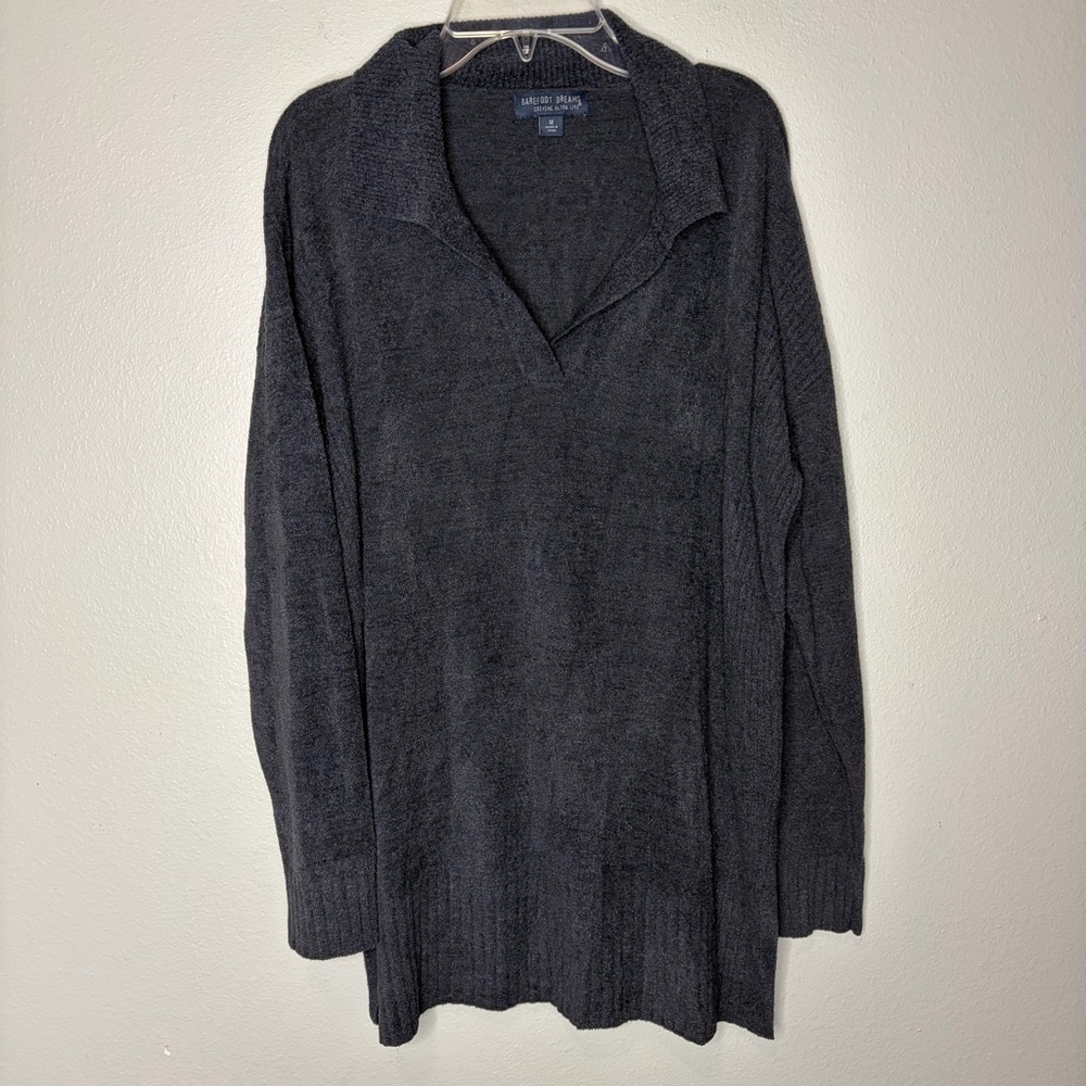 Barefoot Dreams CozyChic Lite Sweater Women‎ Gray Med Pullover V Neck Soft Knit